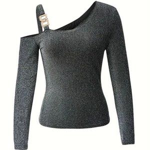 One Shoulder Chain Buckle Sparkly Glitter Top Shirt black silver M